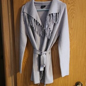 Gray Fringe Open Front Sweater Nicole Miller Womens SIZE M